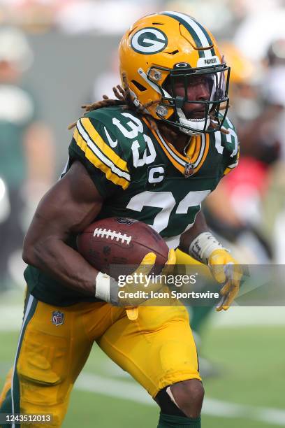 Green Bay Packers Running Back Aaron Jones carries the ball during the regular season game between the Green Bay Packers and the Tampa Bay Buccaneers...