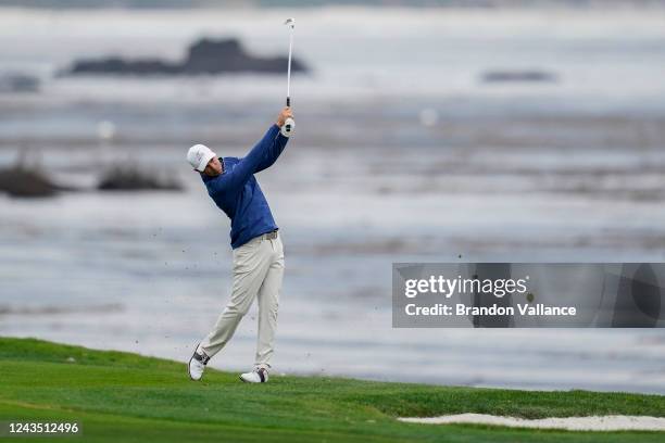 Steven Alker of New Zealand hits the ball on the eighteenth green during the Final Round of the PURE Insurance Championship at Pebble Beach Golf...