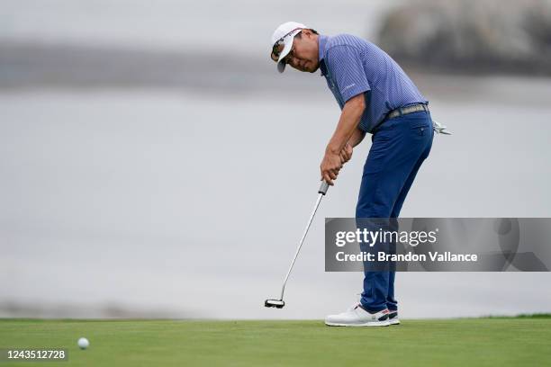 Charlie Wi putts on at the eighteenth green during the Final Round of the PURE Insurance Championship at Pebble Beach Golf Links on September 25,...