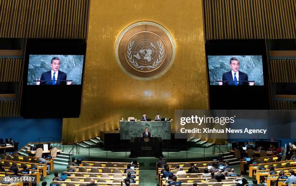 Chinese State Councilor and Foreign Minister Wang Yi delivers a speech at the general debate of the 77th session of the United Nations UN General...
