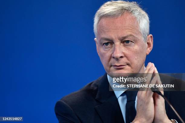 French Minister for the Economy and Finances Bruno Le Maire holds a press conference to present the 2023 Finance bill at the French Economy and...