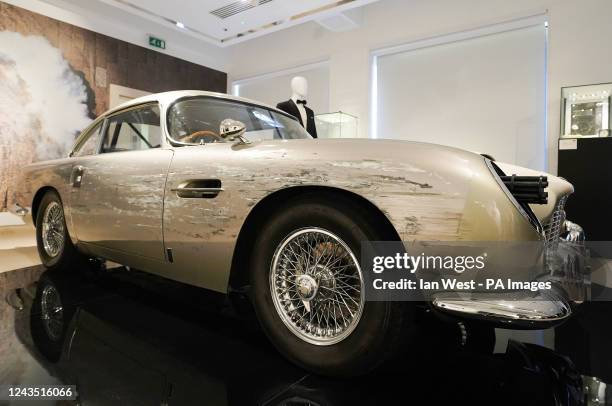Silver birch Aston Martin DB5 stunt car, one of eight stunt replicas built for the film by Aston Martin and fitted with ÔQ BranchÕ modifications....