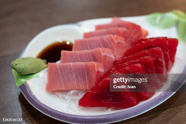 fresh raw tuna sashimi fish served on table - flundra bildbanksfoton och bilder