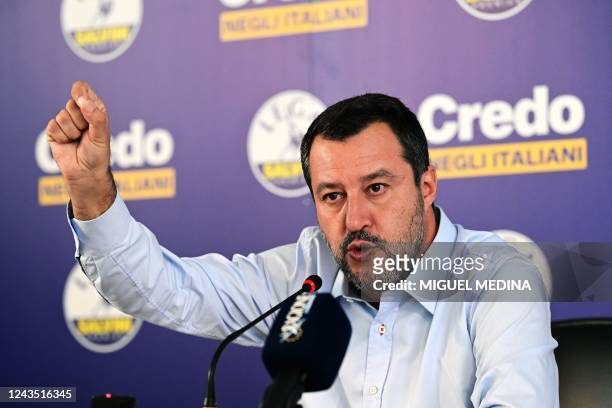 Leader of the Italian right-wing Lega party, Matteo Salvini gestures as he delivers an address on September 26, 2022 at his party's campaign...