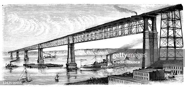 antique illustration: bridge on the hudson, poughkeepsie - poughkeepsie new york stock illustrations