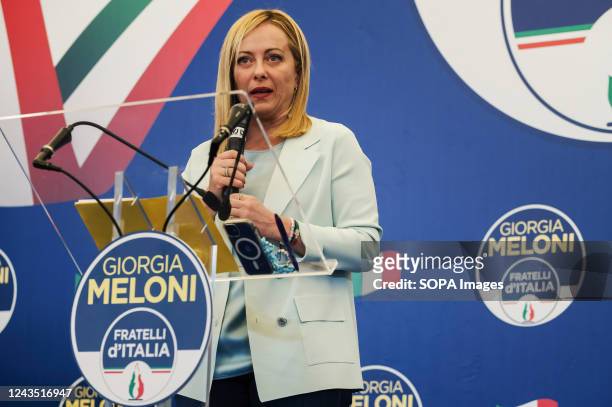 Giorgia Meloni is speaking during a press conference. Giorgia Meloni, leader of the far-right and national-conservative party Fratelli d'Italia ,...