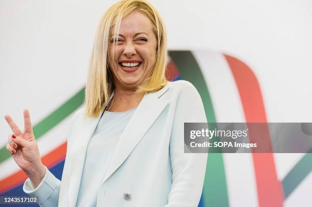 Giorgia Meloni is seen during a press conference. Giorgia Meloni, leader of the far-right and national-conservative party Fratelli d'Italia ,...