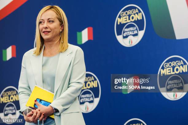 Giorgia Meloni is seen during a press conference. Giorgia Meloni, leader of the far-right and national-conservative party Fratelli d'Italia ,...