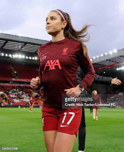 Carla Humphrey of Liverpool Women leaves the pitch after the pre-match warm up before the FA Women's Super League match between Liverpool FC and...