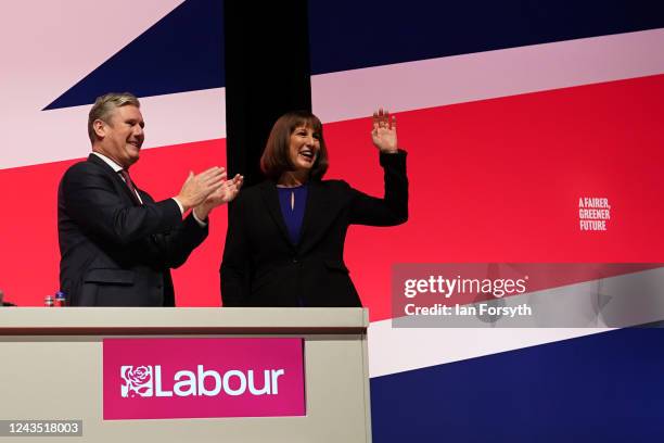 Labour party leader Sir Keir Starmer and Rachel Reeves, Shadow Chancellor of the Exchequer react during day two of the Labour Party Conference at the...