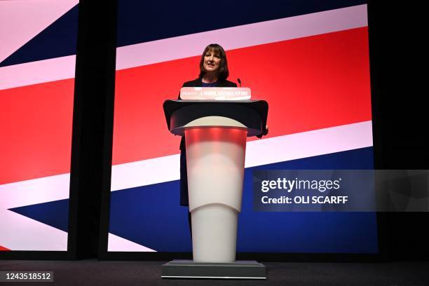 Labour Party Shadow Chancellor of the Exchequer Rachel Reeves delivers a speech on the second day of the annual Labour Party conference in Liverpool,...