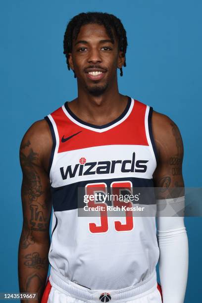 Delon Wright of the Washington Wizards poses for a head shot during NBA Media Day on September 23, 2022 at Entertainment and Sports Arena in...