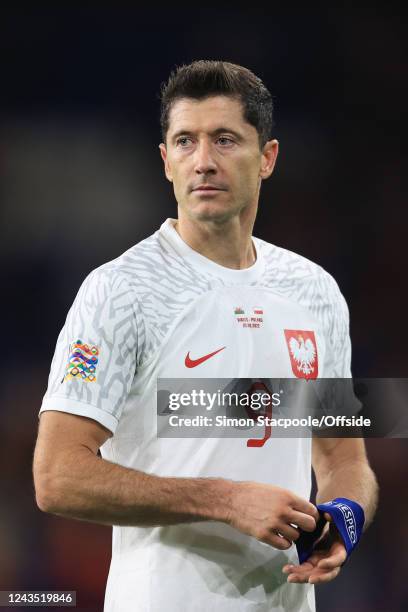 Robert Lewandowski of Poland adjusts his captain's armband during the UEFA Nations League League A Group 4 match between Wales and Poland at Cardiff...