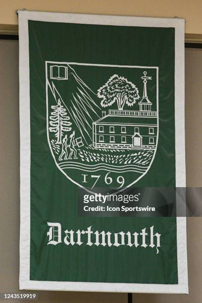 General view of a Dartmouth College banner on the wall during a college volleyball match between the Yale Bulldogs and the Brown Bears on September...