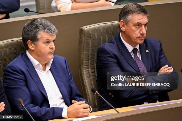 Flemish Minister of Domestic Policy and Living Together Bart Somers and Flemish Minister President Jan Jambon take part in a plenary session of the...