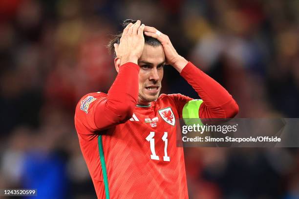 Gareth Bale of Wales looks dejected during the UEFA Nations League League A Group 4 match between Wales and Poland at Cardiff City Stadium on...