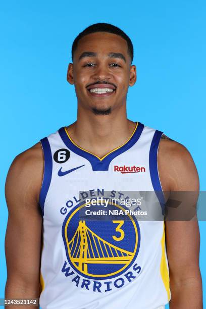 Jordan Poole of the Golden State Warriors poses for a head shot during 2022 NBA Media Day September 25, 2022 at Chase Center in San Francisco,...