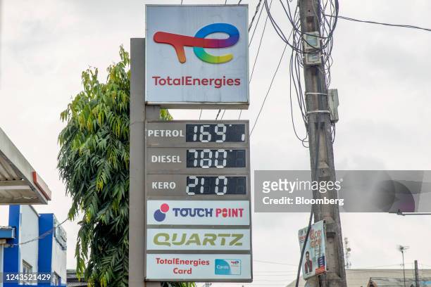 Fuel prices on a totem sign at a TotalEnergies SE gas station in Lagos, Nigeria, on Saturday, Sept. 24, 2022. Nigeria's inflation rate hit a fresh...