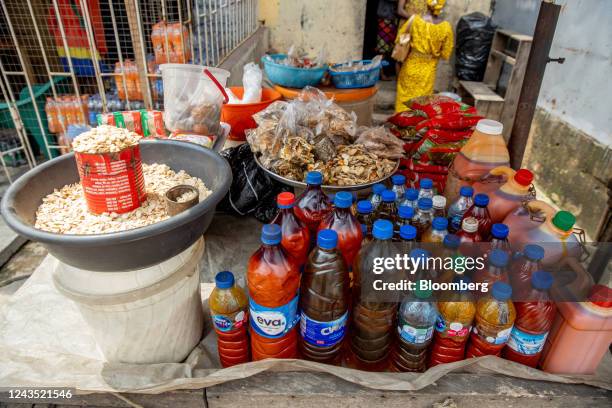 Bottles of oils and cooking items on display at a market in Lagos, Nigeria, on Saturday, Sept. 24, 2022. Nigeria's inflation rate hit a fresh 17-year...