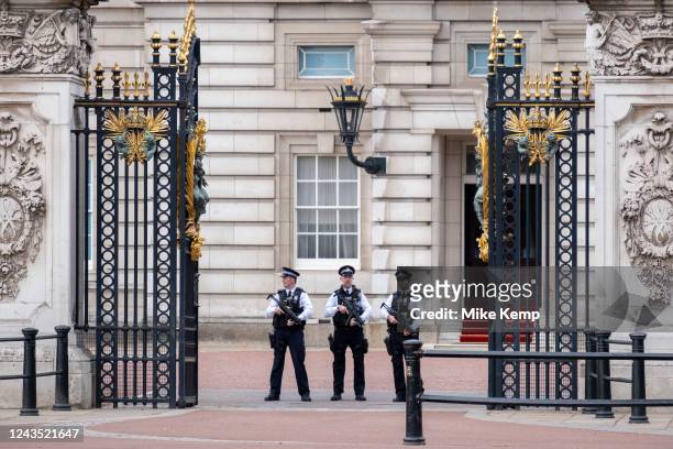 Members of the police force on guard outside Buckingham Palace at the State Funeral of Queen Elizabeth II on 19th September 2022 in London, United...