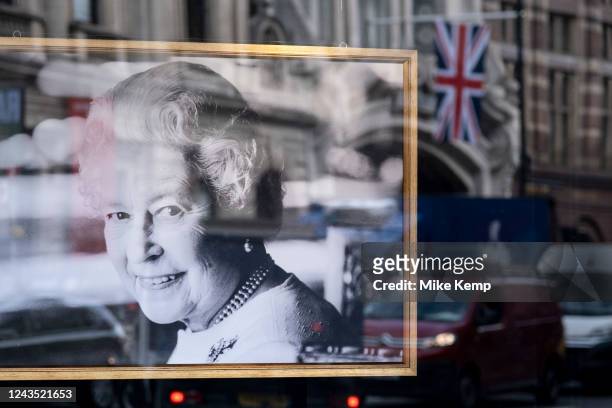 Image of the Queen in the shop window of Fortnum & Mason following the death of Queen Elizabeth II left as a mark of respect on 12th September 2022...
