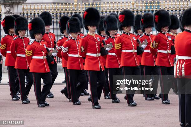 Grenadier Guards during the procession past Buckingham Palace at the State Funeral of Queen Elizabeth II on 19th September 2022 in London, United...