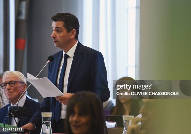 Mayor of Saint-Etienne Gael Perdriau speaks during a municipal council in Saint-Etienne town hall, on September 26, 2022. - The city of Saint-Etienne...