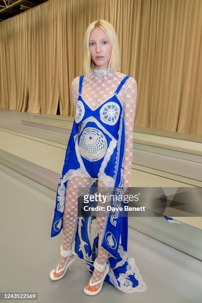 Ella Richards poses backstage at the Burberry Spring/Summer 2023 runway show in Bermondsey on September 26, 2022 in London, England.