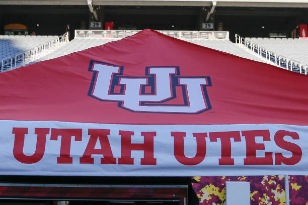 The Utah Utes logo on a tent before the college football game between the Utah Utes and the Arizona State Sun Devils on September 24, 2022 at Sun...