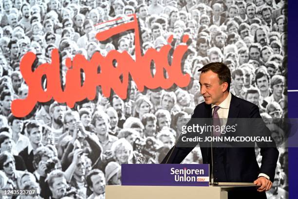 Politician Paul Ziemiak addresses guests during a ceremony in Berlin on September 26 during which Poland's former president Lech Walesa will be...