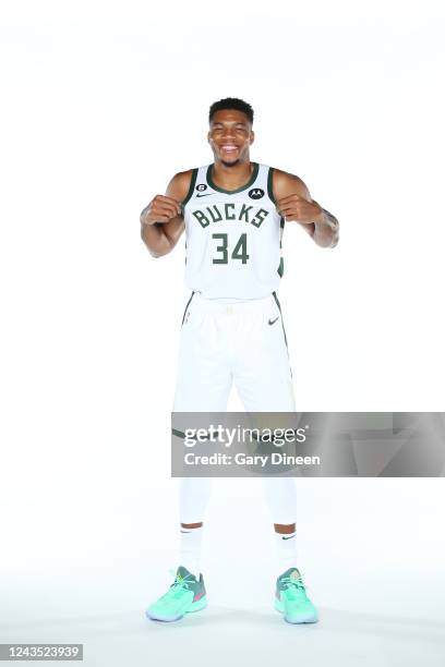 Giannis Anteokounmpo the Milwaukee Bucks poses for a portrait during NBA Media Day at Fiserv Forum on September 25, 2022 in Milwaukee, Wisconsin....