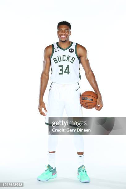 Giannis Anteokounmpo the Milwaukee Bucks poses for a portrait during NBA Media Day at Fiserv Forum on September 25, 2022 in Milwaukee, Wisconsin....