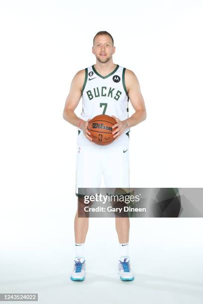 Joe Ingles of the Milwaukee Bucks poses for a portrait during NBA Media Day at Fiserv Forum on September 25, 2022 in Milwaukee, Wisconsin. NOTE TO...