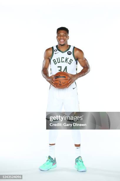 Giannis Anteokounmpo the Milwaukee Bucks poses for a portrait during NBA Media Day at Fiserv Forum on September 25, 2022 in Milwaukee, Wisconsin....