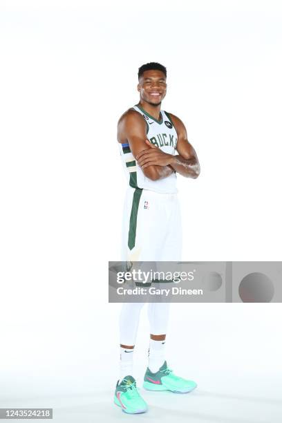 Giannis Anteokounmpo the Milwaukee Bucks poses for a portrait during NBA Media Day at Fiserv Forum on September 25, 2022 in Milwaukee, Wisconsin....