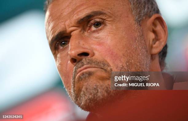 Spain's coach Luis Enrique reacts as he gives a press conference on the eve of the UEFA Nations League football match between Portugal and Spain, at...