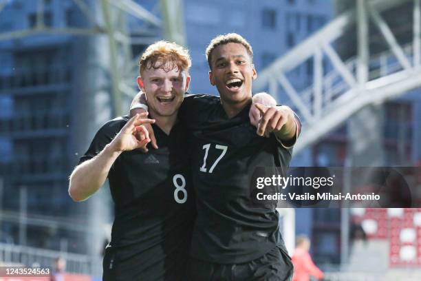 Robert Wagner of U20 Germany celebrates the goal scored with his teammate Bambase Conte during the International Friendly match between U20 Romania...