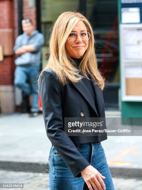 Jennifer Aniston is seen filming at 'The Morning Show' on September 26, 2022 in New York City.