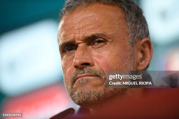 Spain's coach Luis Enrique looks on as he gives a press conference on the eve of the UEFA Nations League football match between Portugal and Spain,...