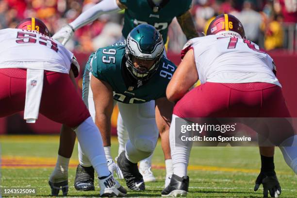 Philadelphia Eagles defensive tackle Marlon Tuipulotu waits for the snap during the game between the Philadelphia Eagles and the Washington...