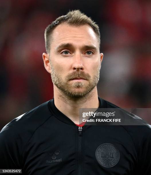 Denmark's midfielder Christian Eriksen stands for the national anthem ahead of the UEFA Nations League football match between Denmark and France in...