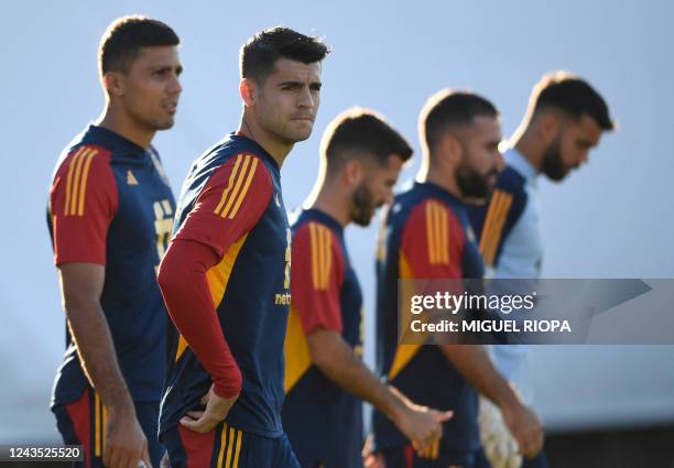 Spain's forward Alvaro Morata arrives to a training session on the eve of the UEFA Nations League football match between Portugal and Spain, at the...