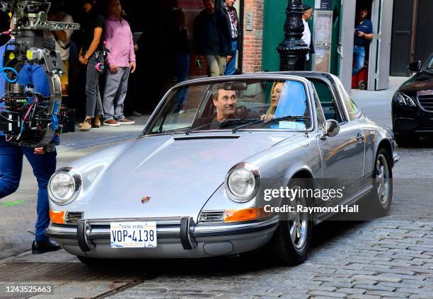 Jennifer Aniston and Jon Hamm on location for 'The Morning Show' on September 26, 2022 in New York City.