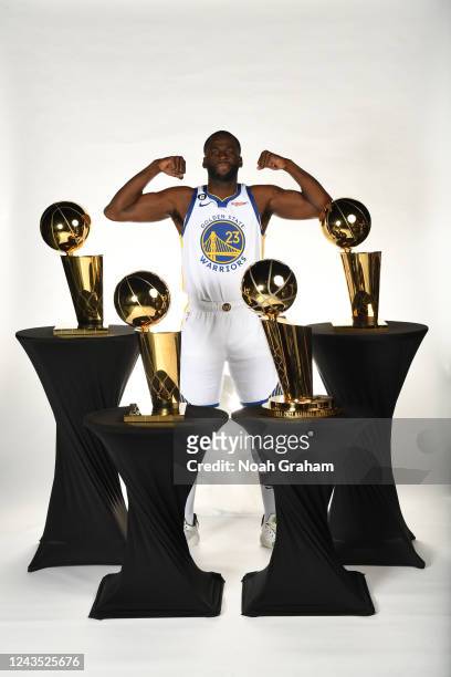 Draymond Green of the Golden State Warriors poses for a portrait with the Larry OBrien trophies during 2022 NBA Media Day September 25, 2022 at Chase...