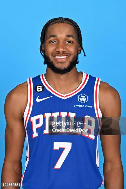Isaiah Joe of the Philadelphia 76ers poses for a head shot during NBA Media Day on September 26, 2022 at Wells Fargo Center in Philadelphia,...