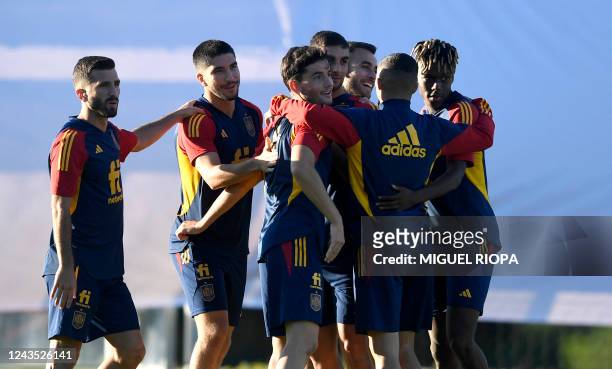Spain national team's players attend a training session on the eve of the UEFA Nations League football match between Portugal and Spain, at the...