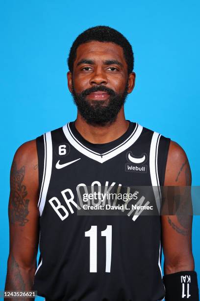 Kyrie Irving of the Brooklyn Nets poses for a head shot during NBA Media Day on September 26, 2022 at the HSS Training Center in Brooklyn, New York....