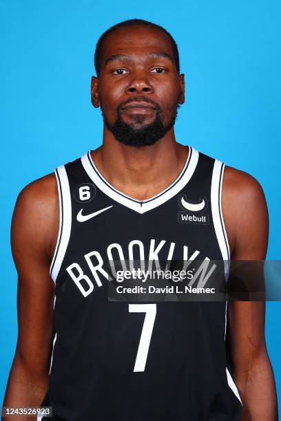 Kevin Durant of the Brooklyn Nets poses for a head shot during NBA Media Day on September 26, 2022 at the HSS Training Center in Brooklyn, New York....