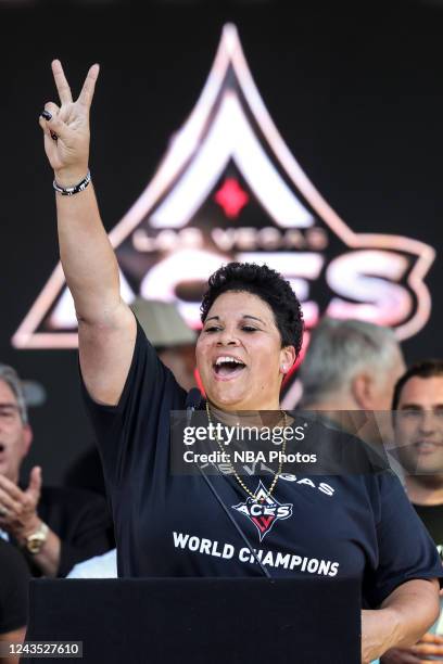 General manager Natalie Williams of the Las Vegas Aces smiles and celebrates during the 2022 WNBA championship parade on the Las Vegas Strip on...