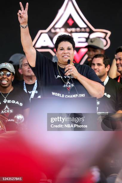 General manager Natalie Williams of the Las Vegas Aces celebrates during the 2022 WNBA championship parade on the Las Vegas Strip on September 20,...